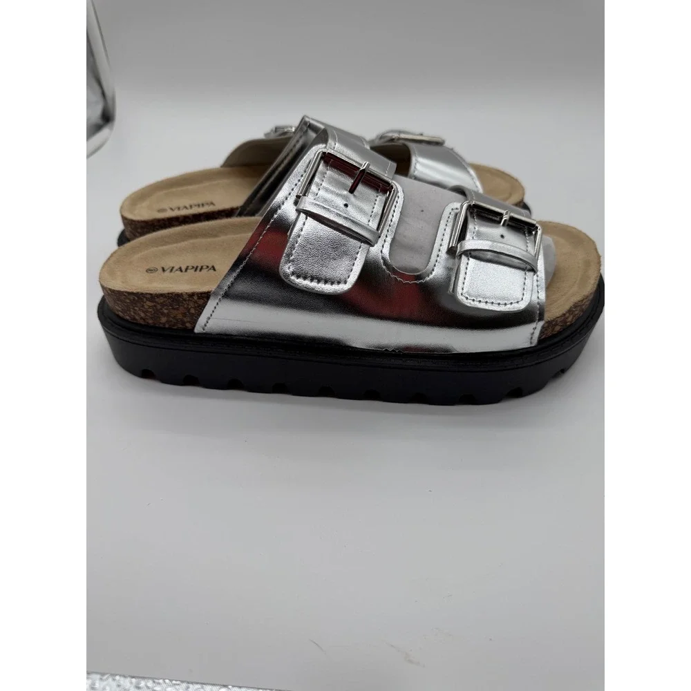 Viapipa Womens Silver Metallic Double Buckle Chunky Platform Slide Sandals‎ 9